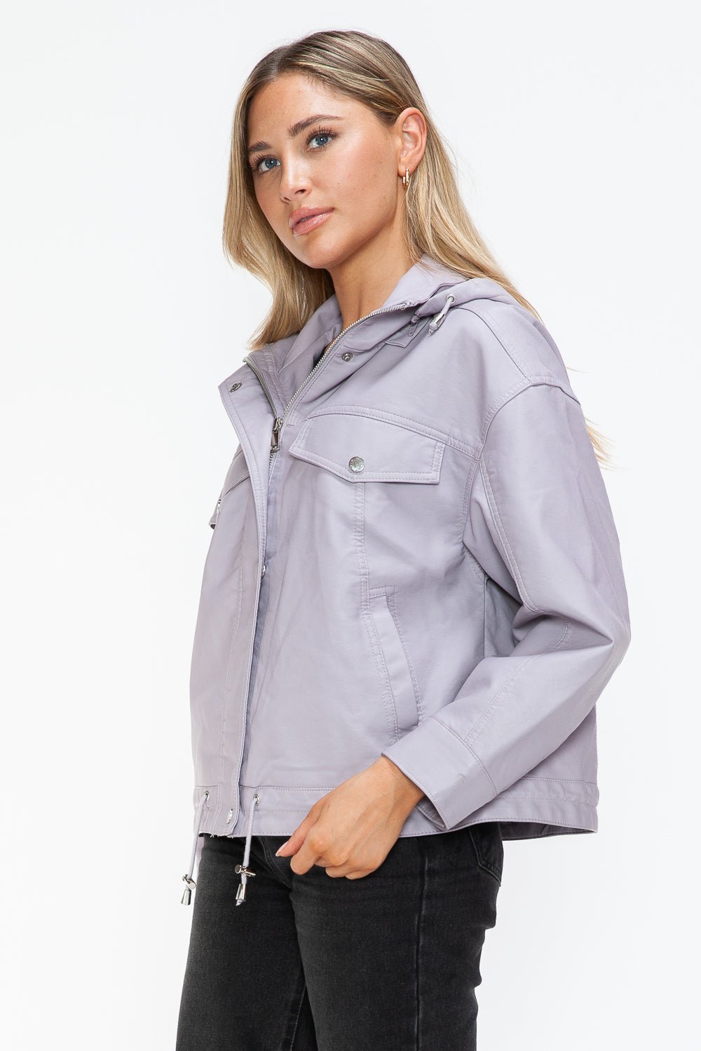 HOW DARE U - Drawstring Hem Vegan Leather Jacket in Lilac