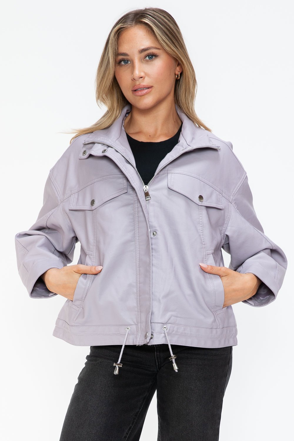 HOW DARE U - Drawstring Hem Vegan Leather Jacket in Lilac