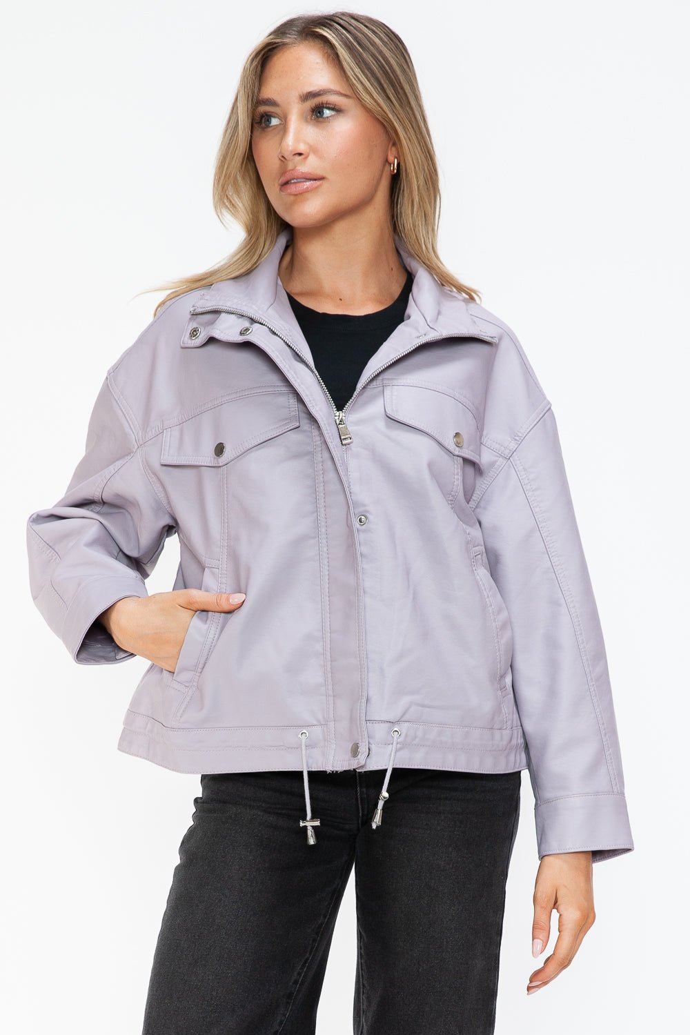 HOW DARE U - Drawstring Hem Vegan Leather Jacket in Lilac