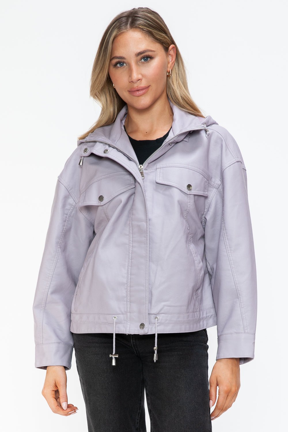 HOW DARE U - Drawstring Hem Vegan Leather Jacket in Lilac