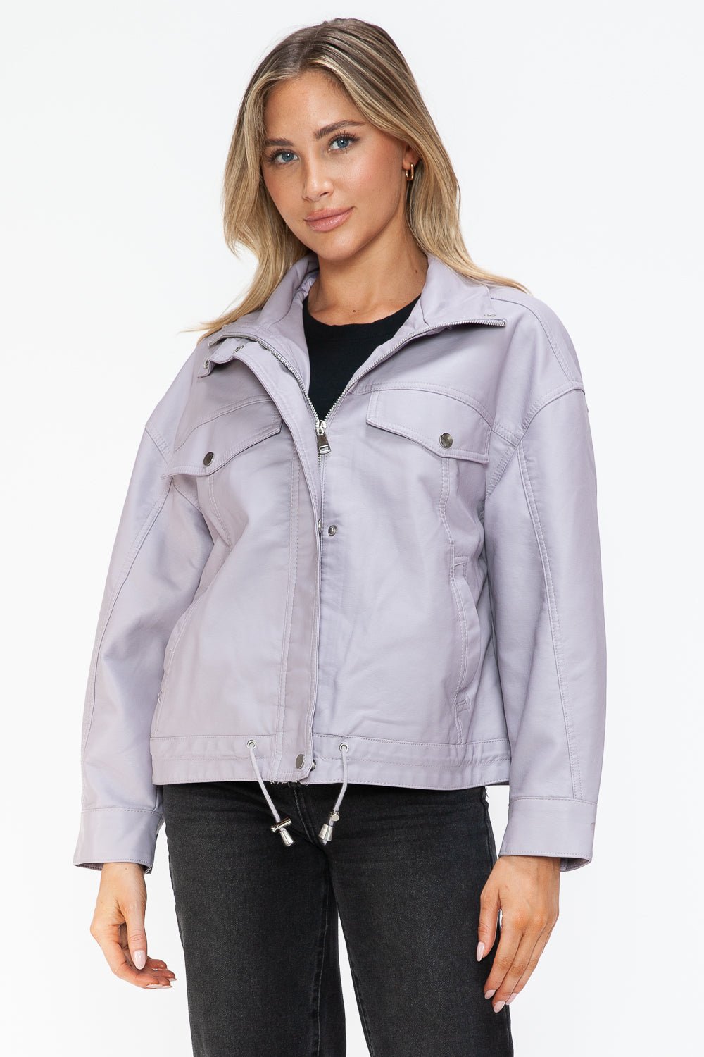 HOW DARE U - Drawstring Hem Vegan Leather Jacket in Lilac