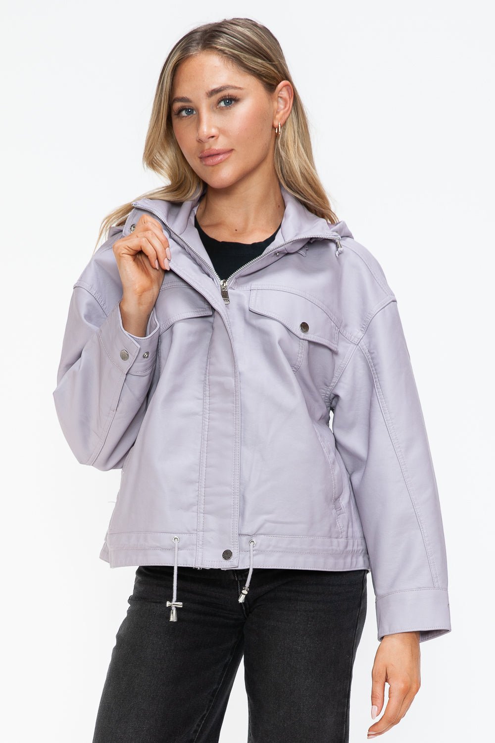 HOW DARE U - Drawstring Hem Vegan Leather Jacket in Lilac