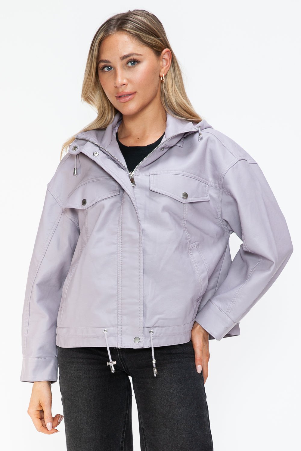 HOW DARE U - Drawstring Hem Vegan Leather Jacket in Lilac