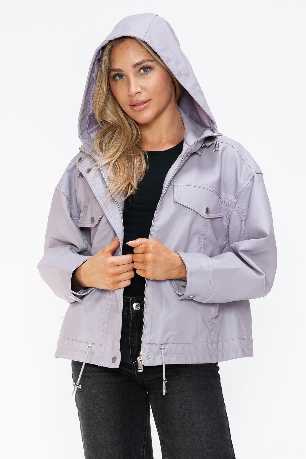 HOW DARE U - Drawstring Hem Vegan Leather Jacket in Lilac