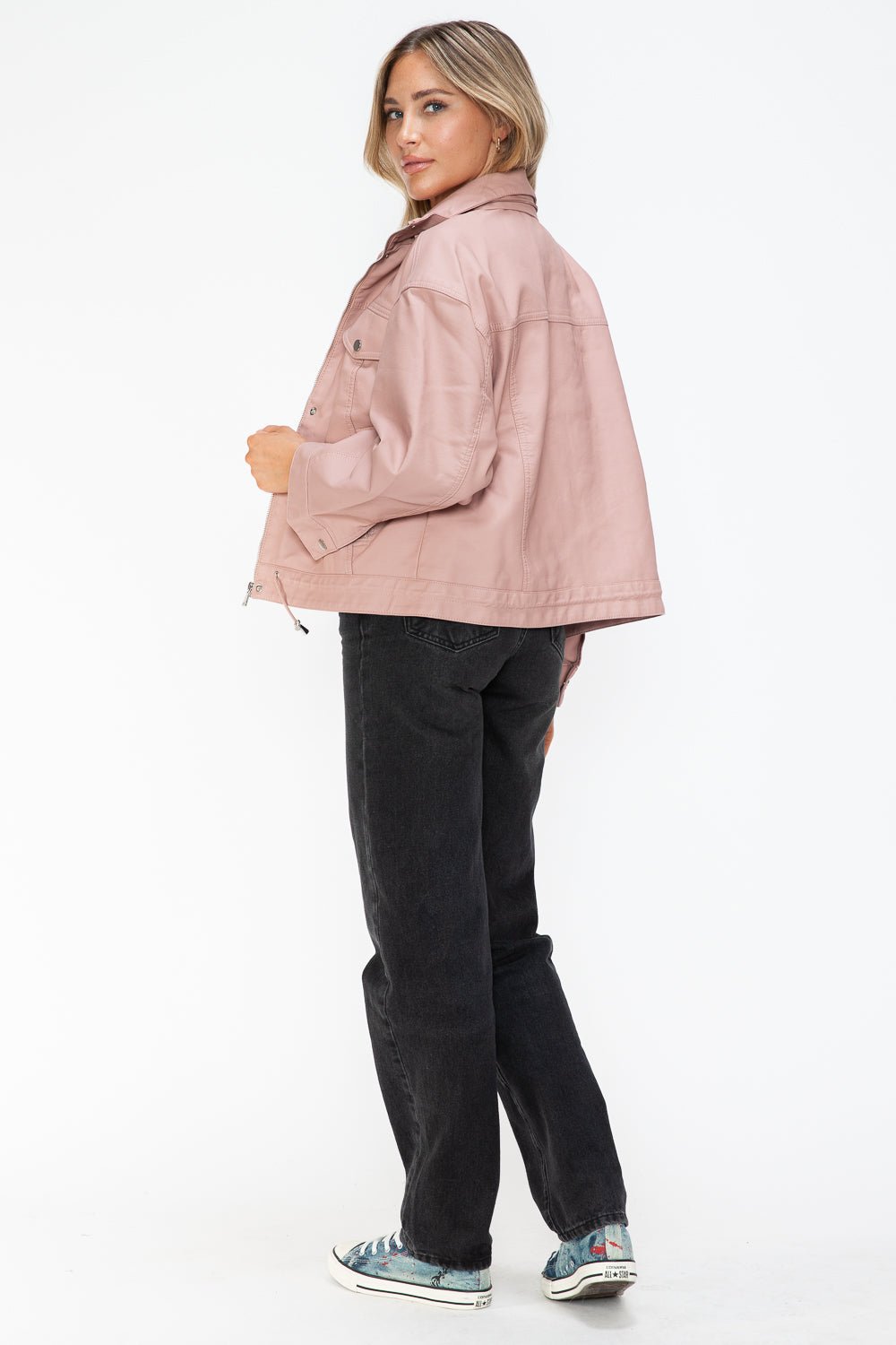 HOW DARE U - Drawstring Hem Vegan Leather Jacket in Mauve