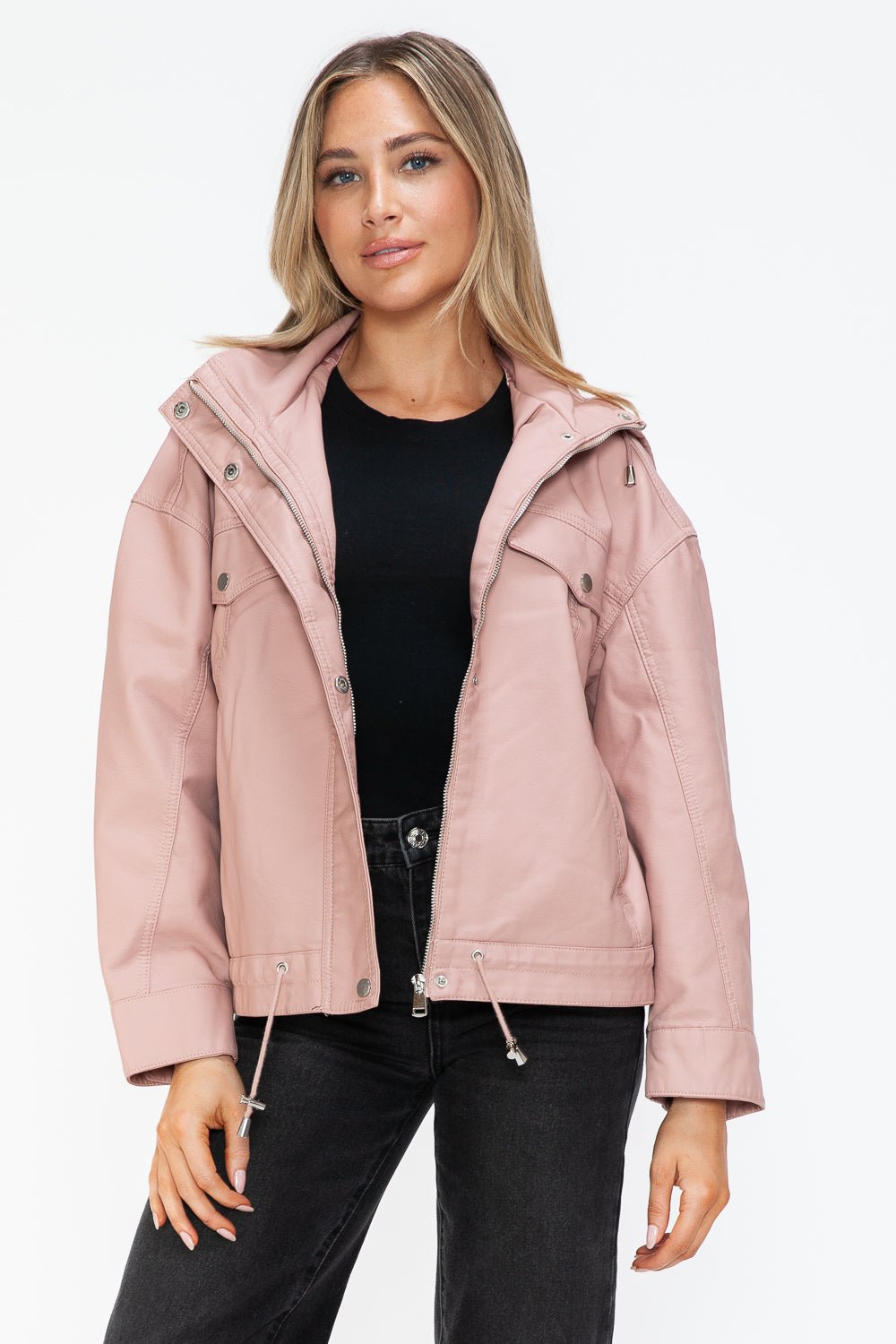 HOW DARE U - Drawstring Hem Vegan Leather Jacket in Mauve