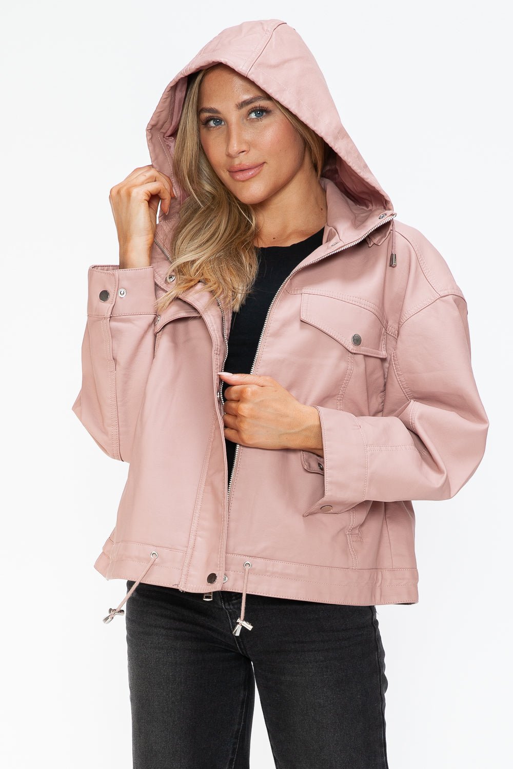 HOW DARE U - Drawstring Hem Vegan Leather Jacket in Mauve