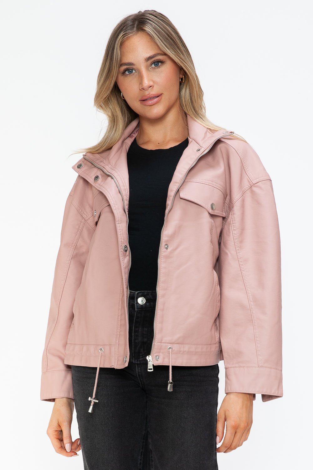 HOW DARE U - Drawstring Hem Vegan Leather Jacket in Mauve