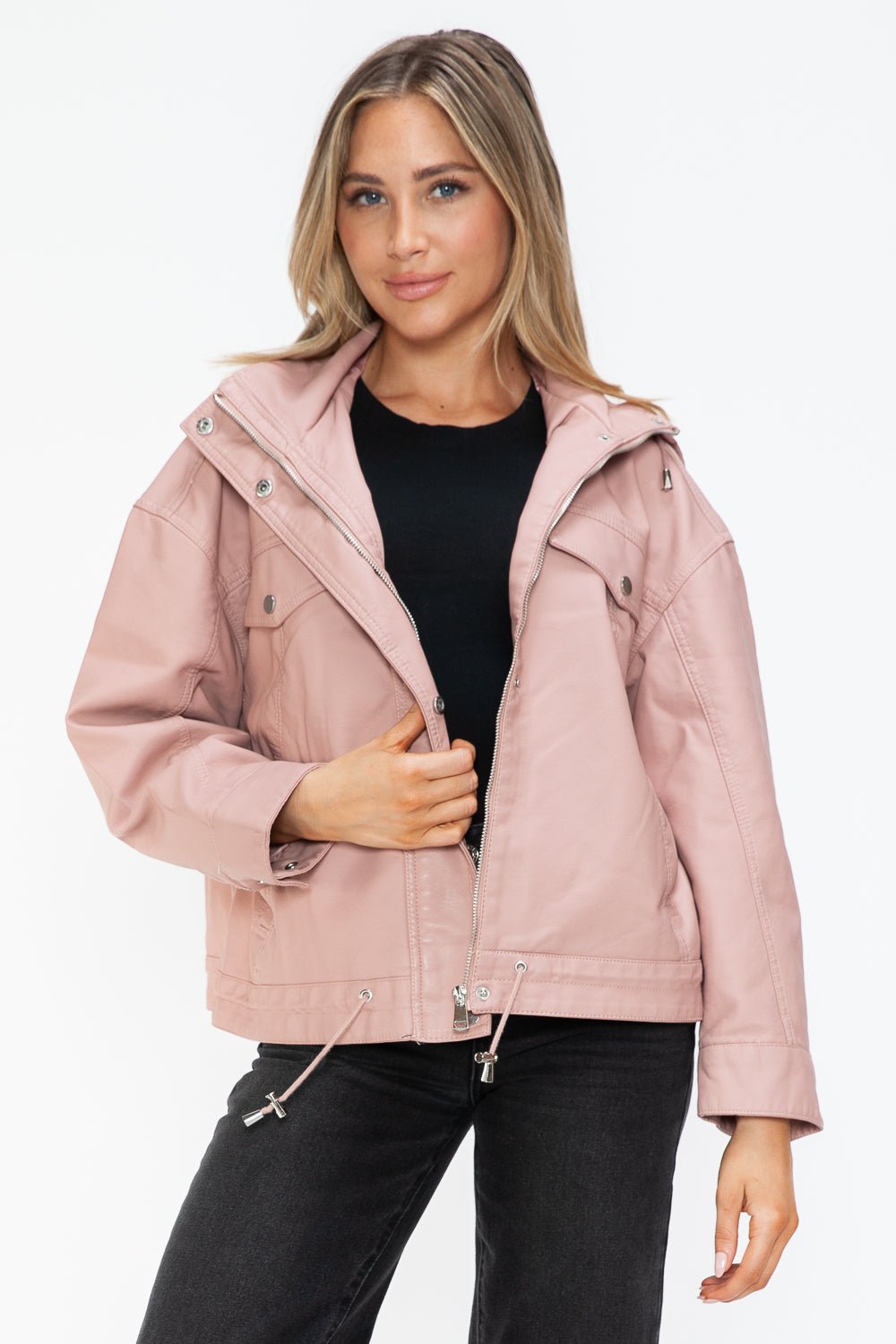 HOW DARE U - Drawstring Hem Vegan Leather Jacket in Mauve