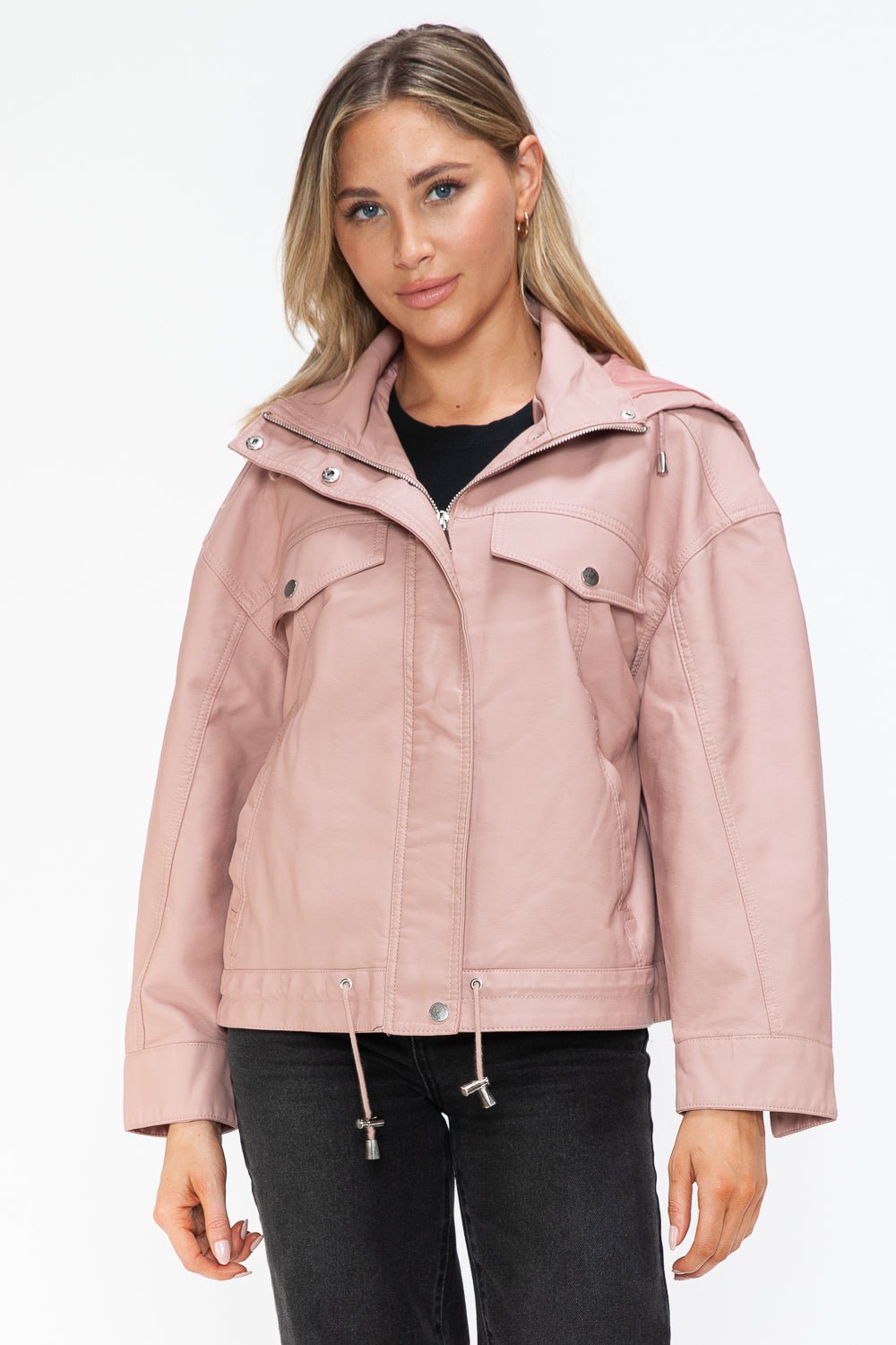 HOW DARE U - Drawstring Hem Vegan Leather Jacket in Mauve