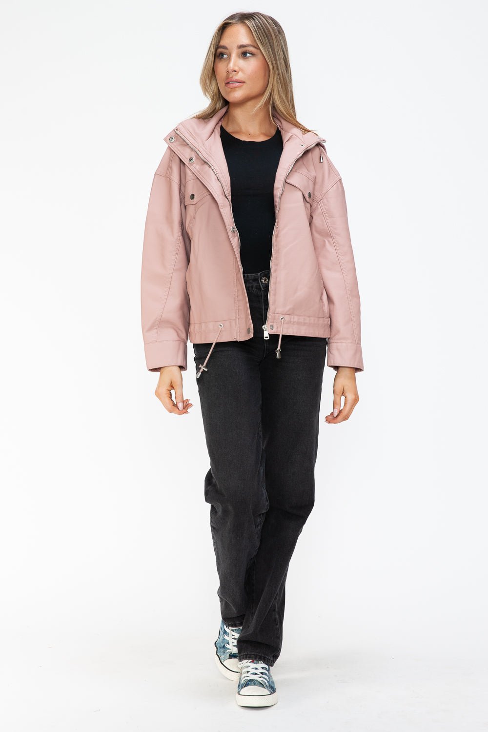 HOW DARE U - Drawstring Hem Vegan Leather Jacket in Mauve