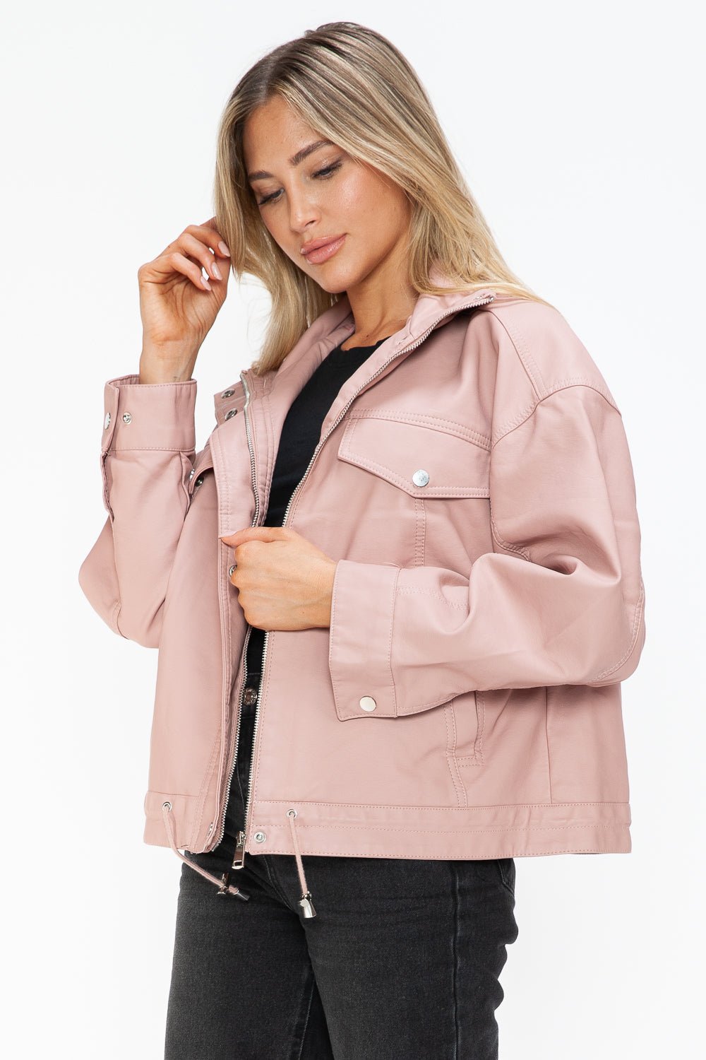 HOW DARE U - Drawstring Hem Vegan Leather Jacket in Mauve