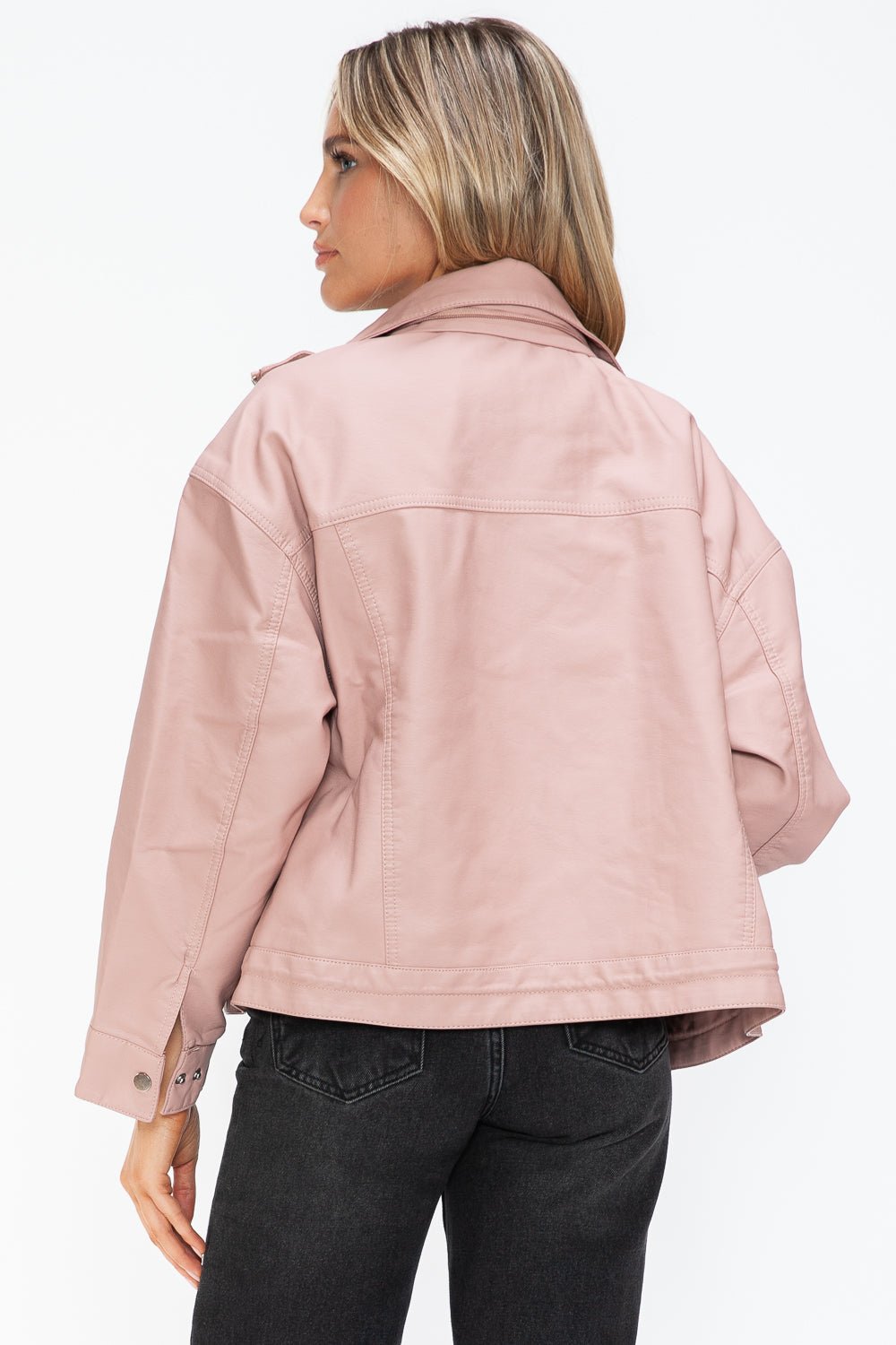 HOW DARE U - Drawstring Hem Vegan Leather Jacket in Mauve