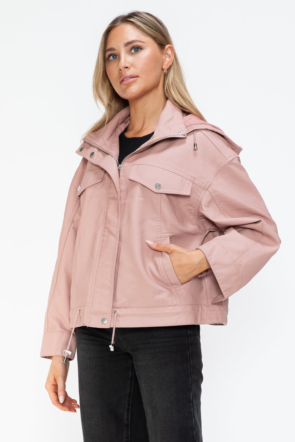 HOW DARE U - Drawstring Hem Vegan Leather Jacket in Mauve