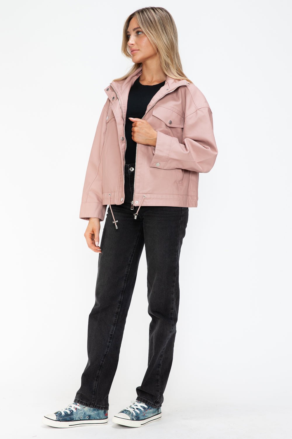 HOW DARE U - Drawstring Hem Vegan Leather Jacket in Mauve