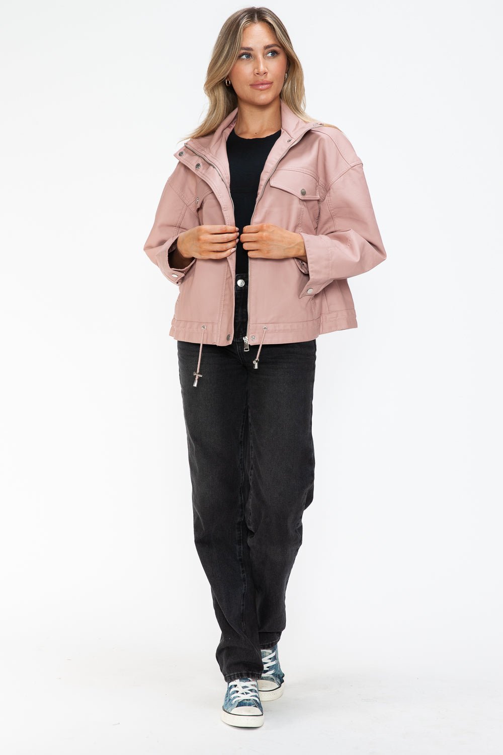 HOW DARE U - Drawstring Hem Vegan Leather Jacket in Mauve