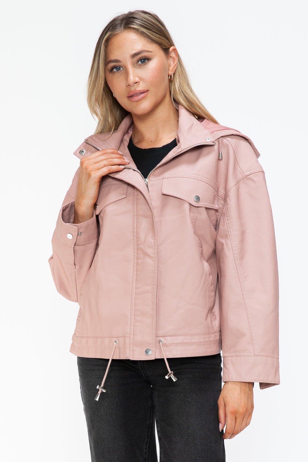 HOW DARE U - Drawstring Hem Vegan Leather Jacket in Mauve