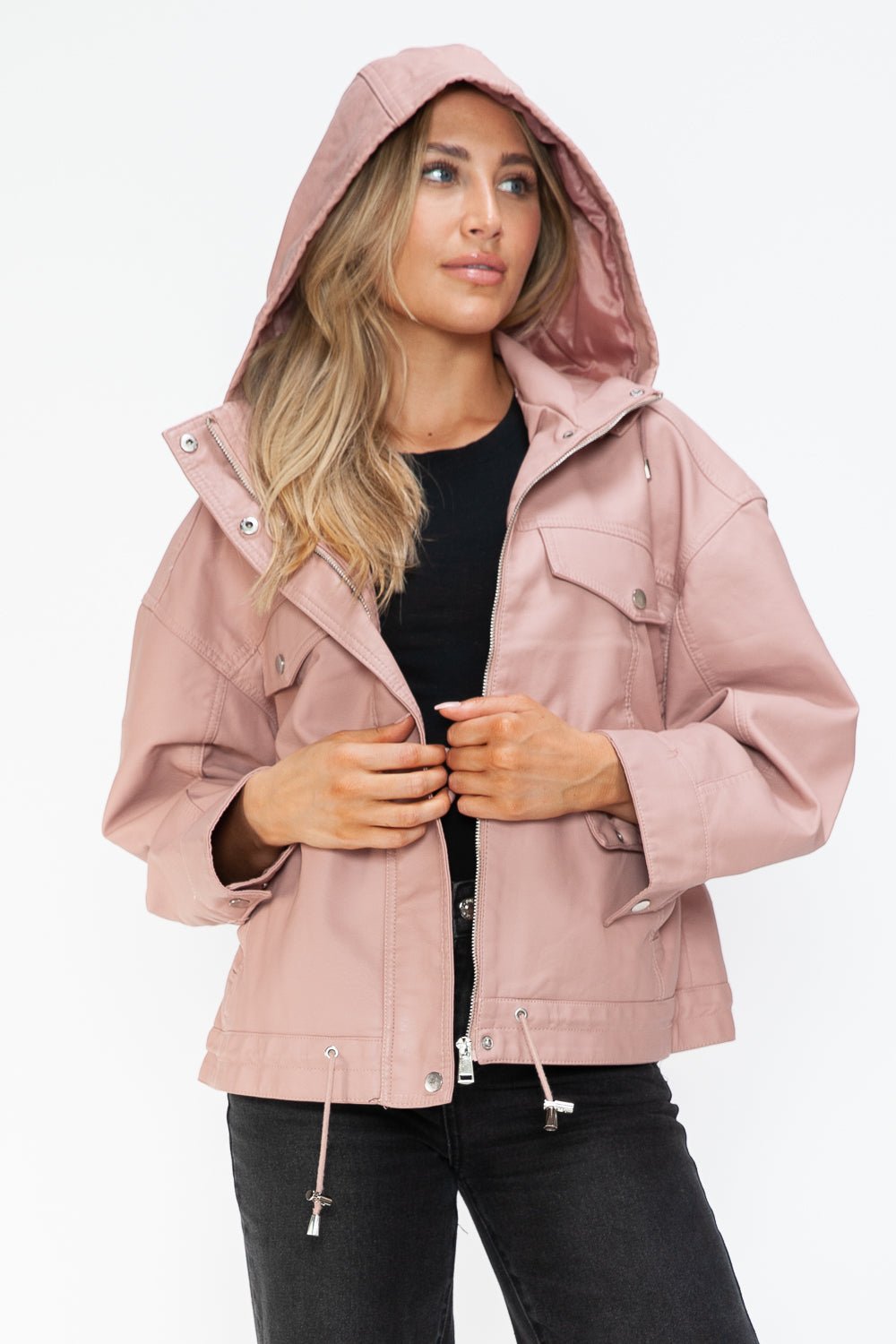 HOW DARE U - Drawstring Hem Vegan Leather Jacket in Mauve