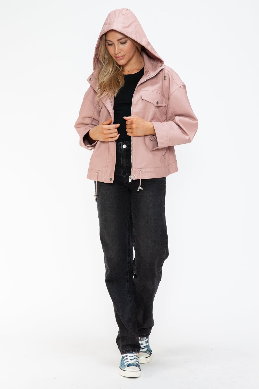 HOW DARE U - Drawstring Hem Vegan Leather Jacket in Mauve