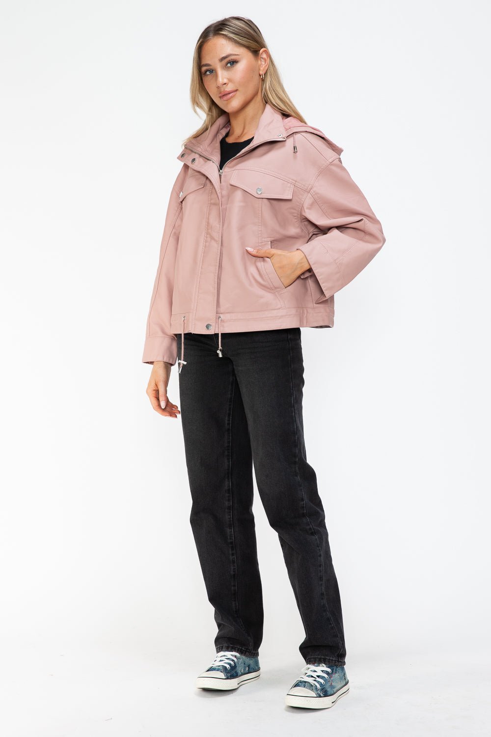 HOW DARE U - Drawstring Hem Vegan Leather Jacket in Mauve