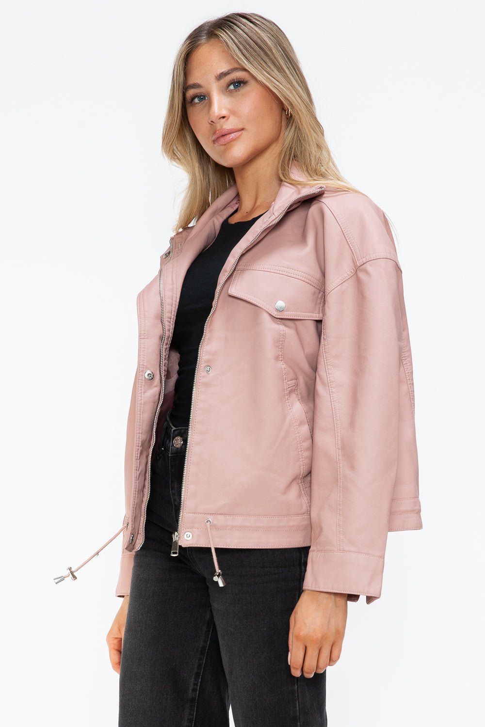 HOW DARE U - Drawstring Hem Vegan Leather Jacket in Mauve