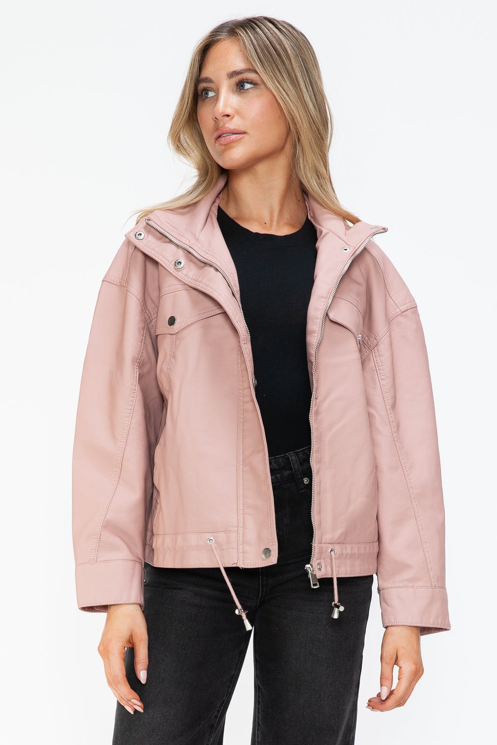 HOW DARE U - Drawstring Hem Vegan Leather Jacket in Mauve