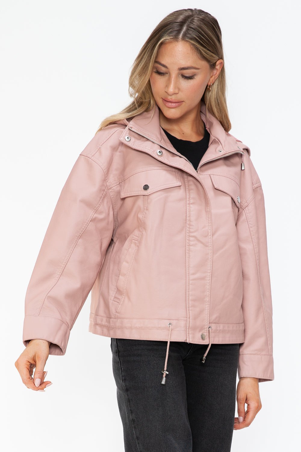 HOW DARE U - Drawstring Hem Vegan Leather Jacket in Mauve