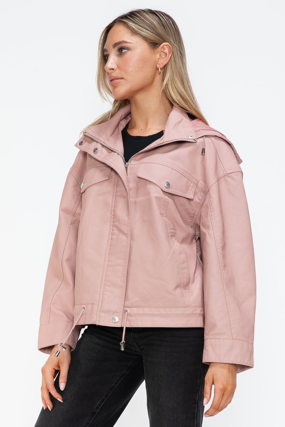 HOW DARE U - Drawstring Hem Vegan Leather Jacket in Mauve