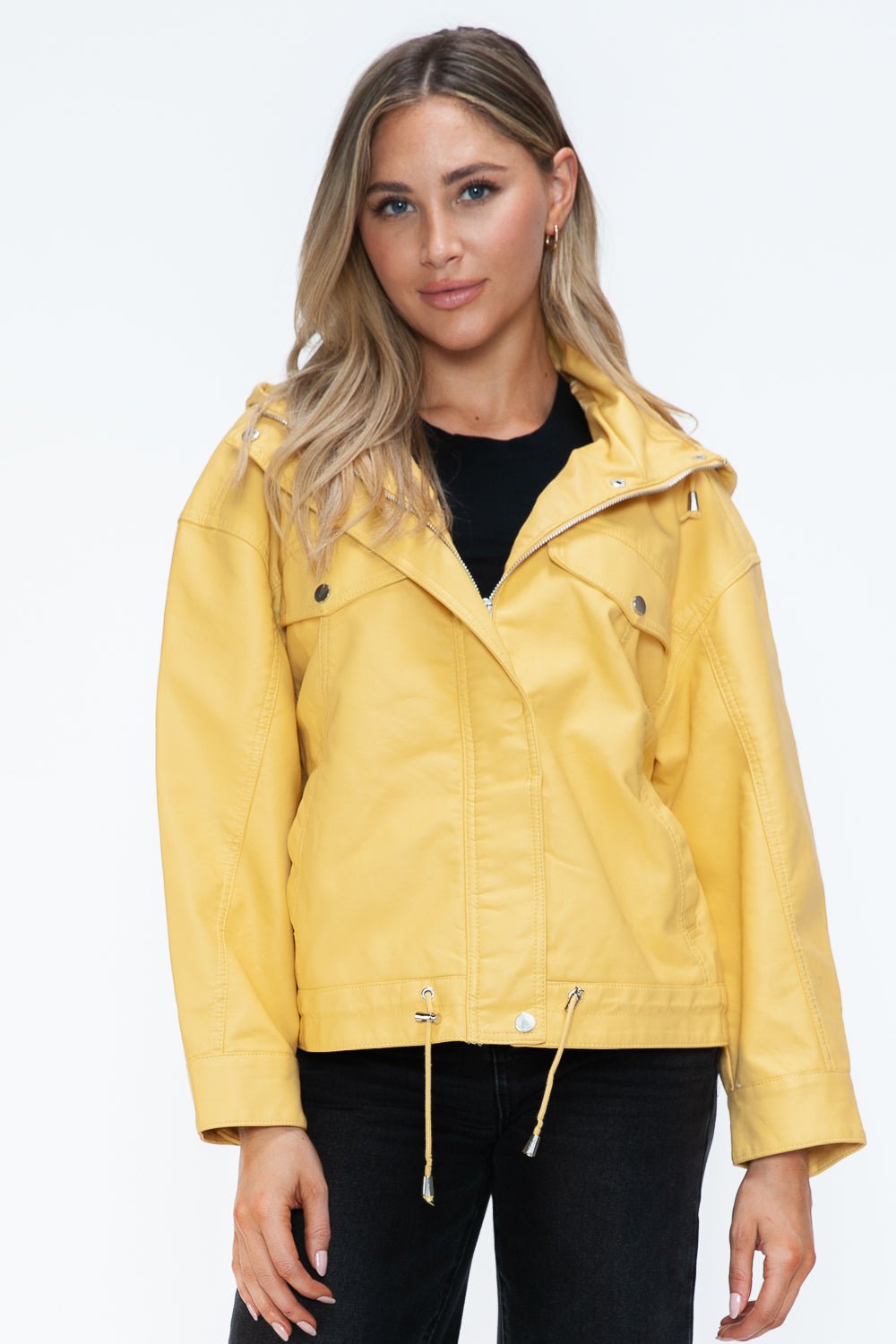 HOW DARE U - Pale Yellow Drawstring Hem Vegan Leather Jacket