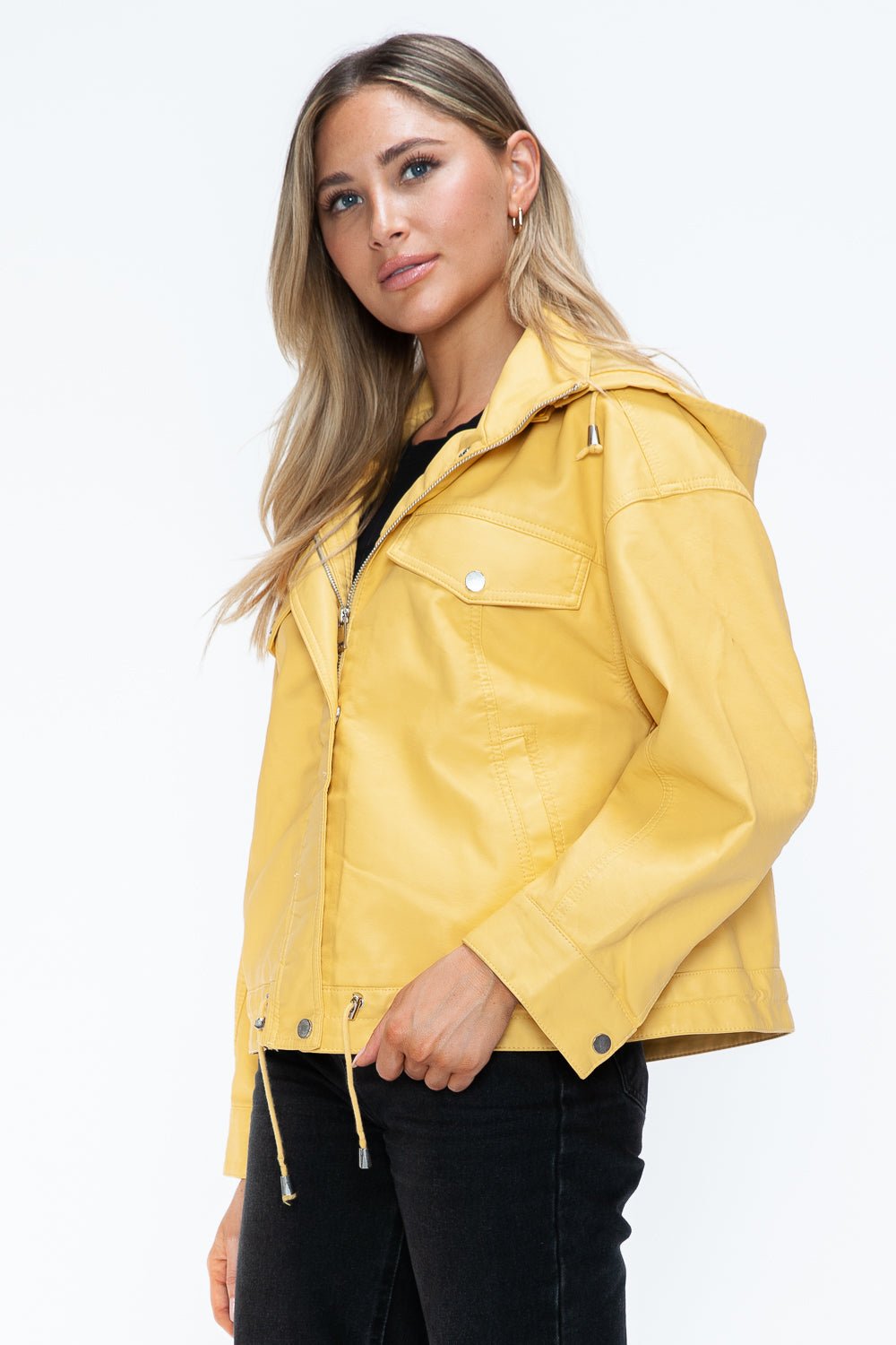 HOW DARE U - Pale Yellow Drawstring Hem Vegan Leather Jacket