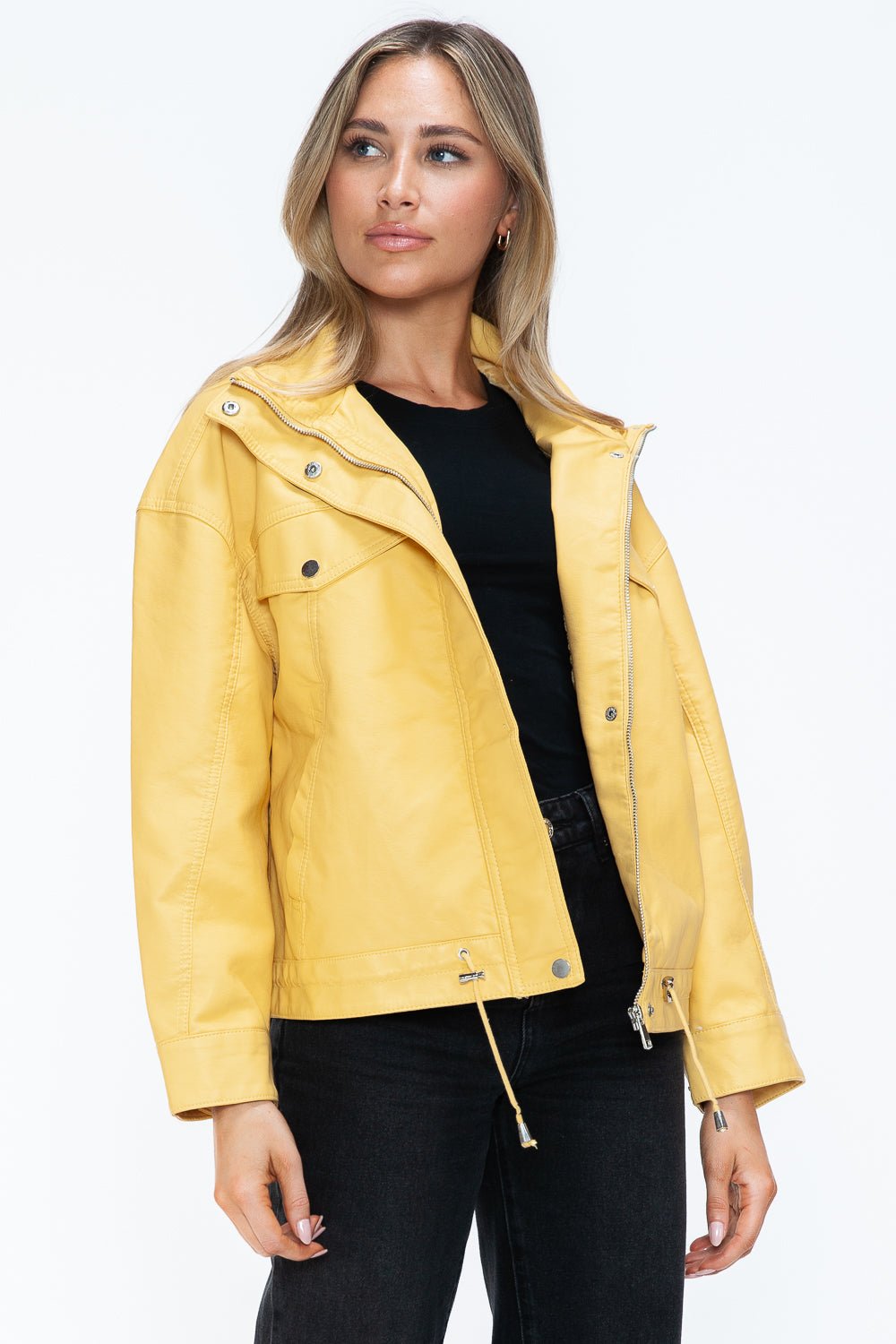 HOW DARE U - Pale Yellow Drawstring Hem Vegan Leather Jacket