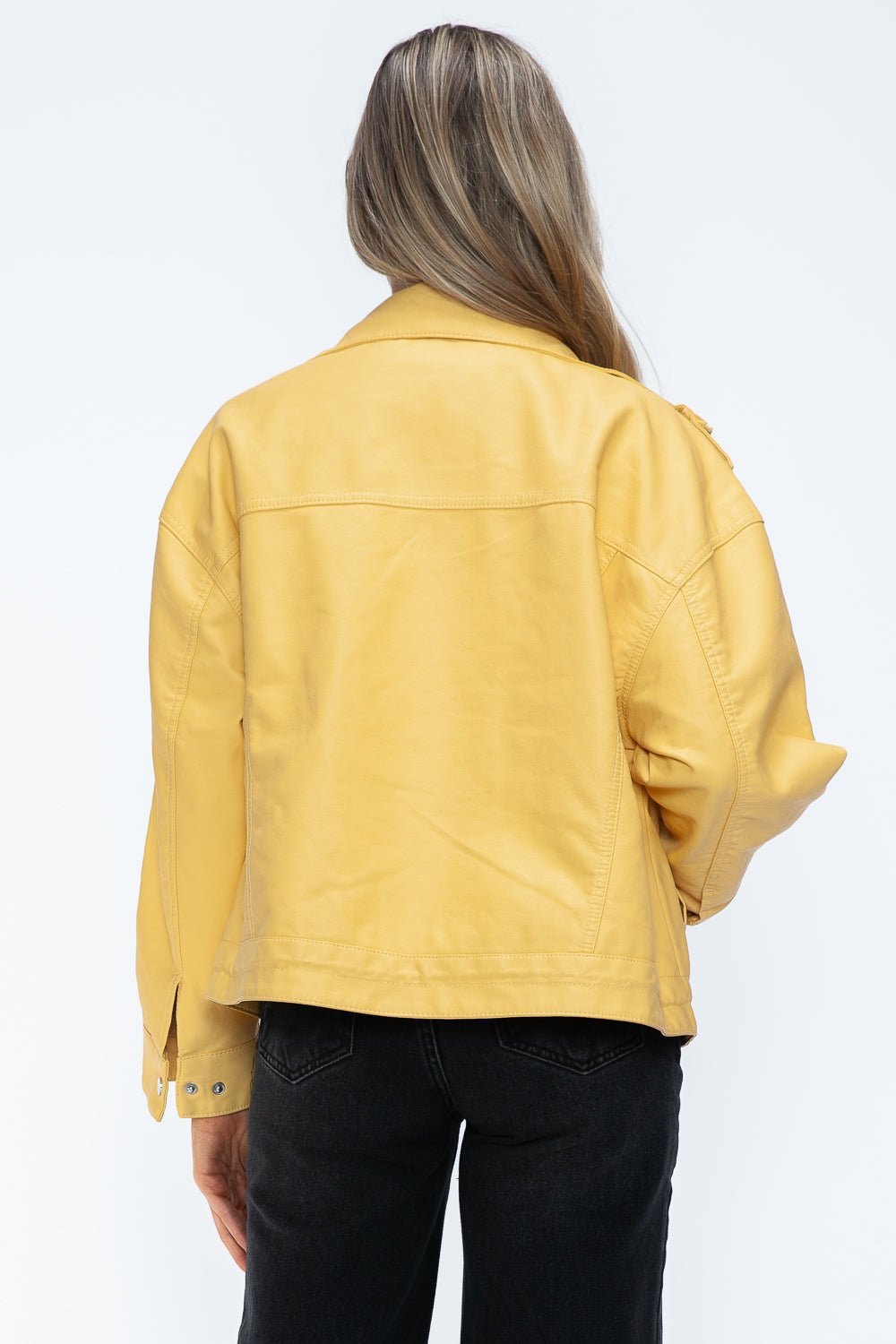 HOW DARE U - Pale Yellow Drawstring Hem Vegan Leather Jacket