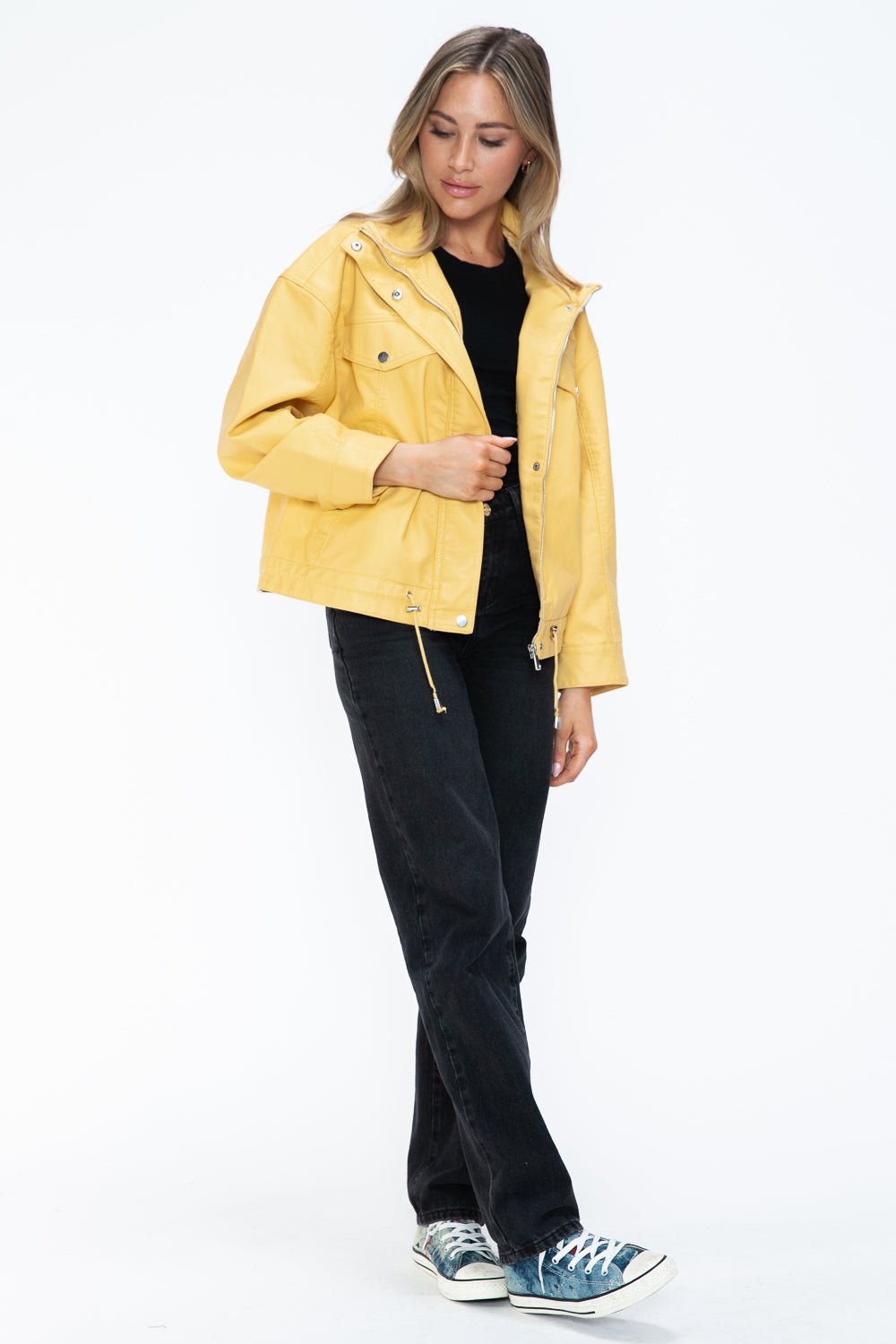 HOW DARE U - Pale Yellow Drawstring Hem Vegan Leather Jacket