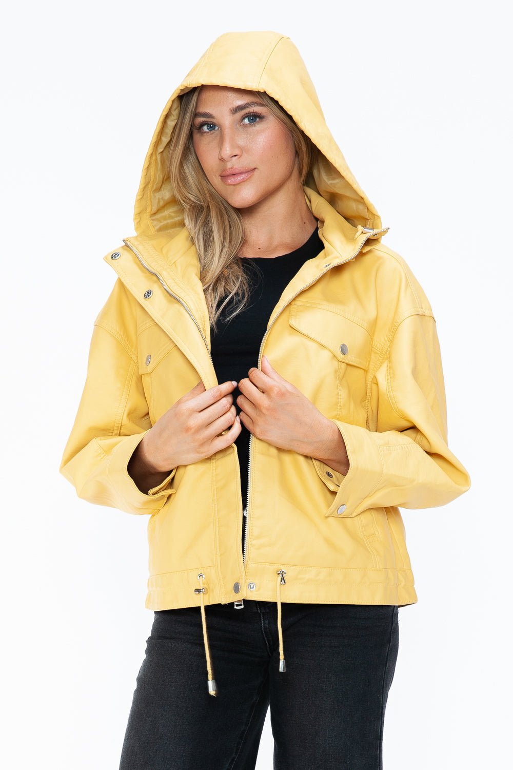 HOW DARE U - Pale Yellow Drawstring Hem Vegan Leather Jacket