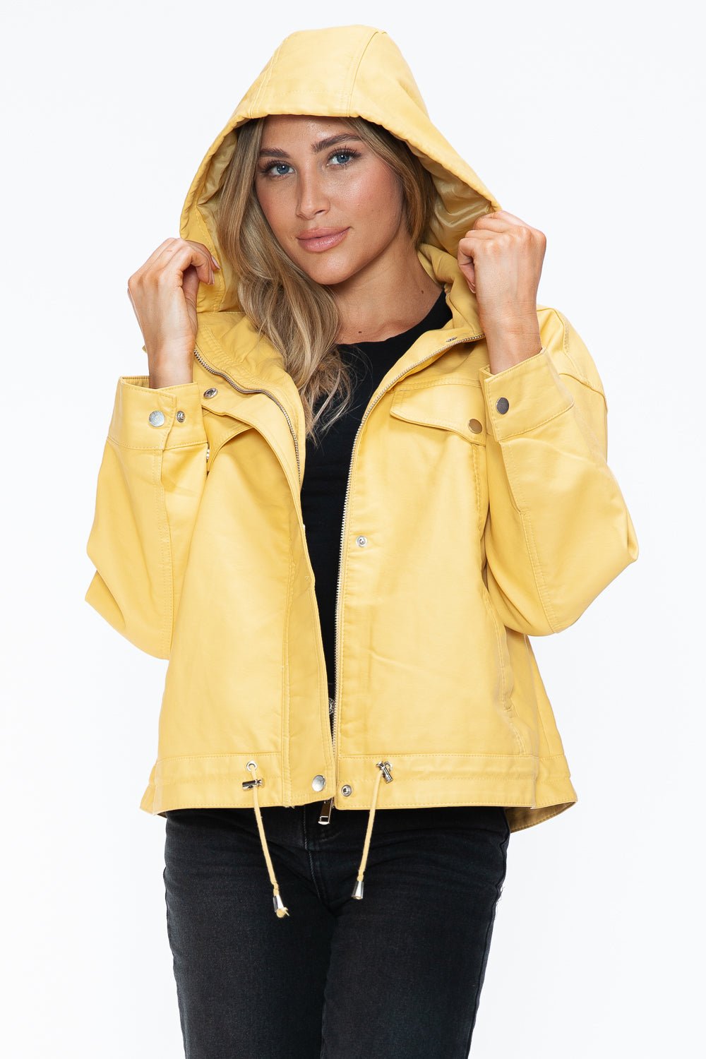 HOW DARE U - Pale Yellow Drawstring Hem Vegan Leather Jacket