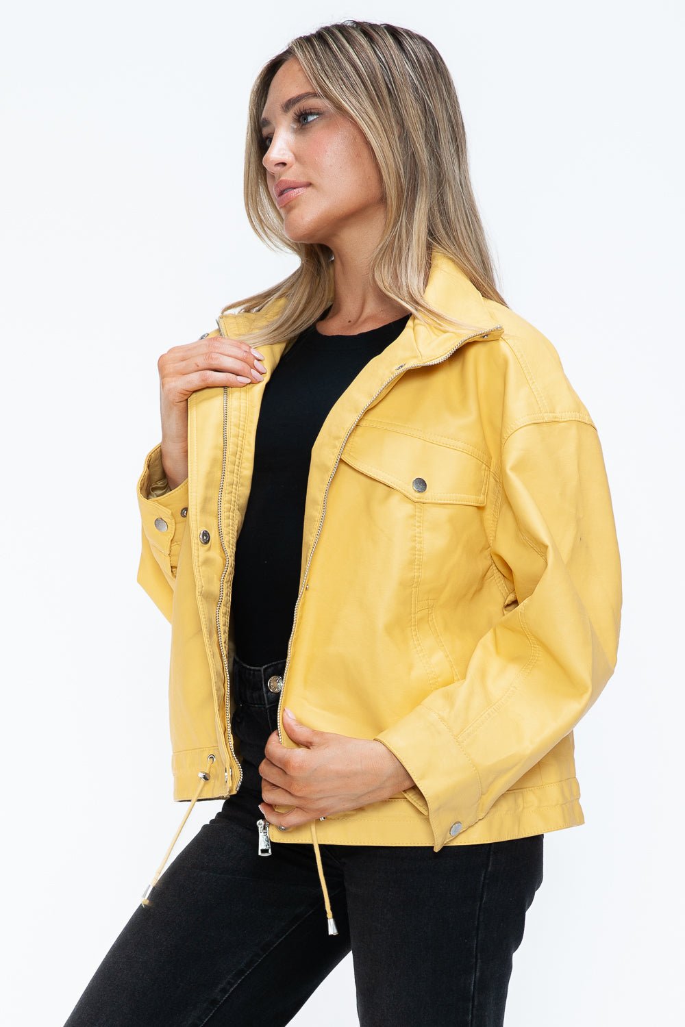 HOW DARE U - Pale Yellow Drawstring Hem Vegan Leather Jacket