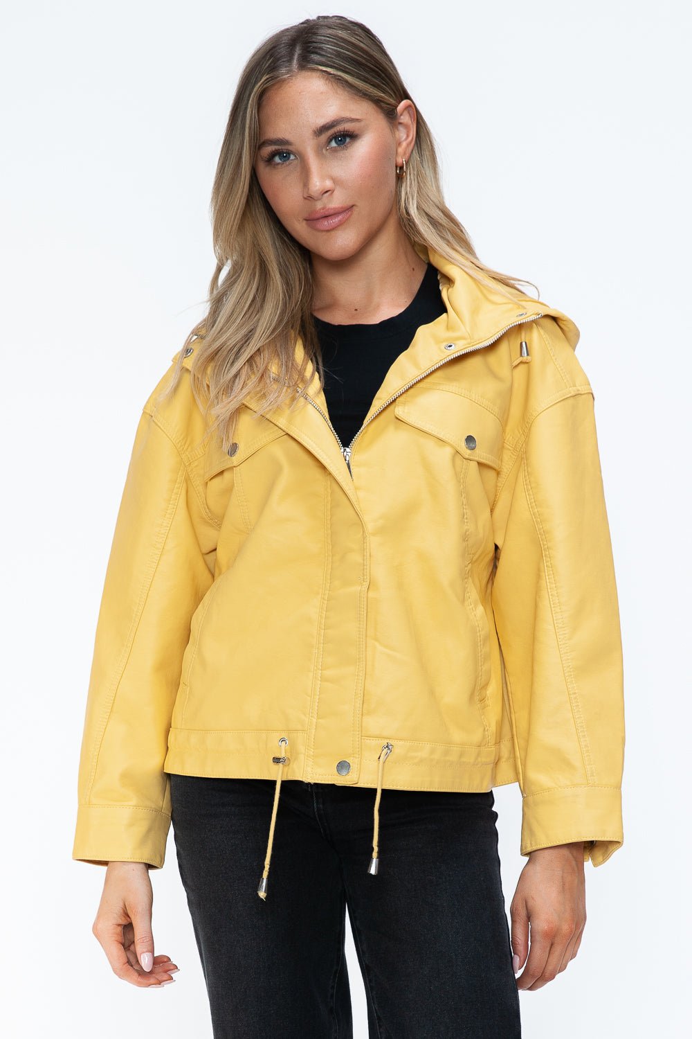 HOW DARE U - Pale Yellow Drawstring Hem Vegan Leather Jacket