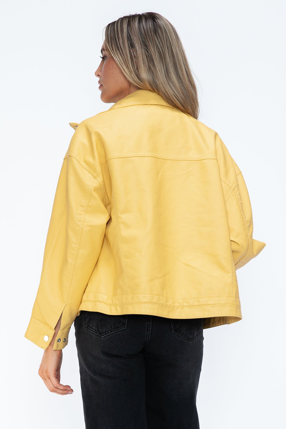 HOW DARE U - Pale Yellow Drawstring Hem Vegan Leather Jacket