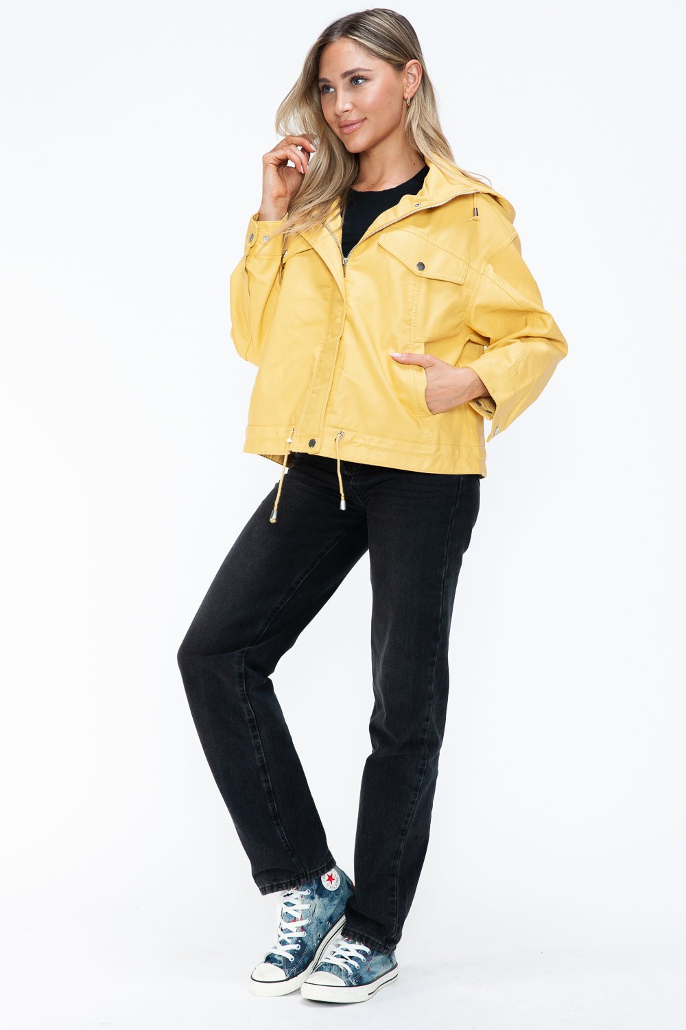 HOW DARE U - Pale Yellow Drawstring Hem Vegan Leather Jacket