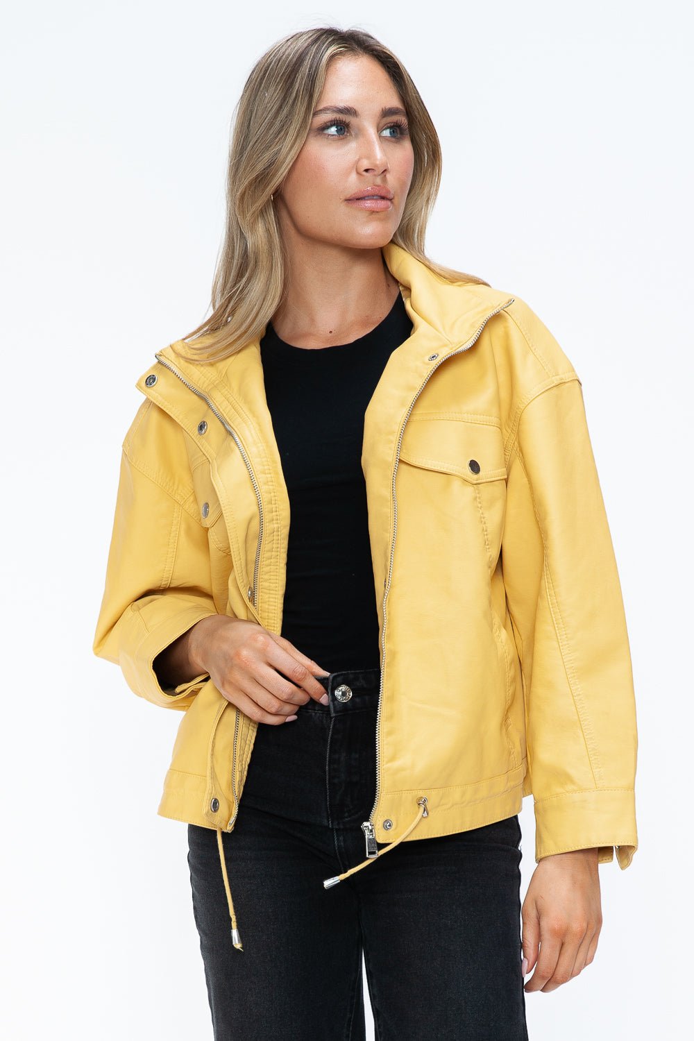 HOW DARE U - Pale Yellow Drawstring Hem Vegan Leather Jacket