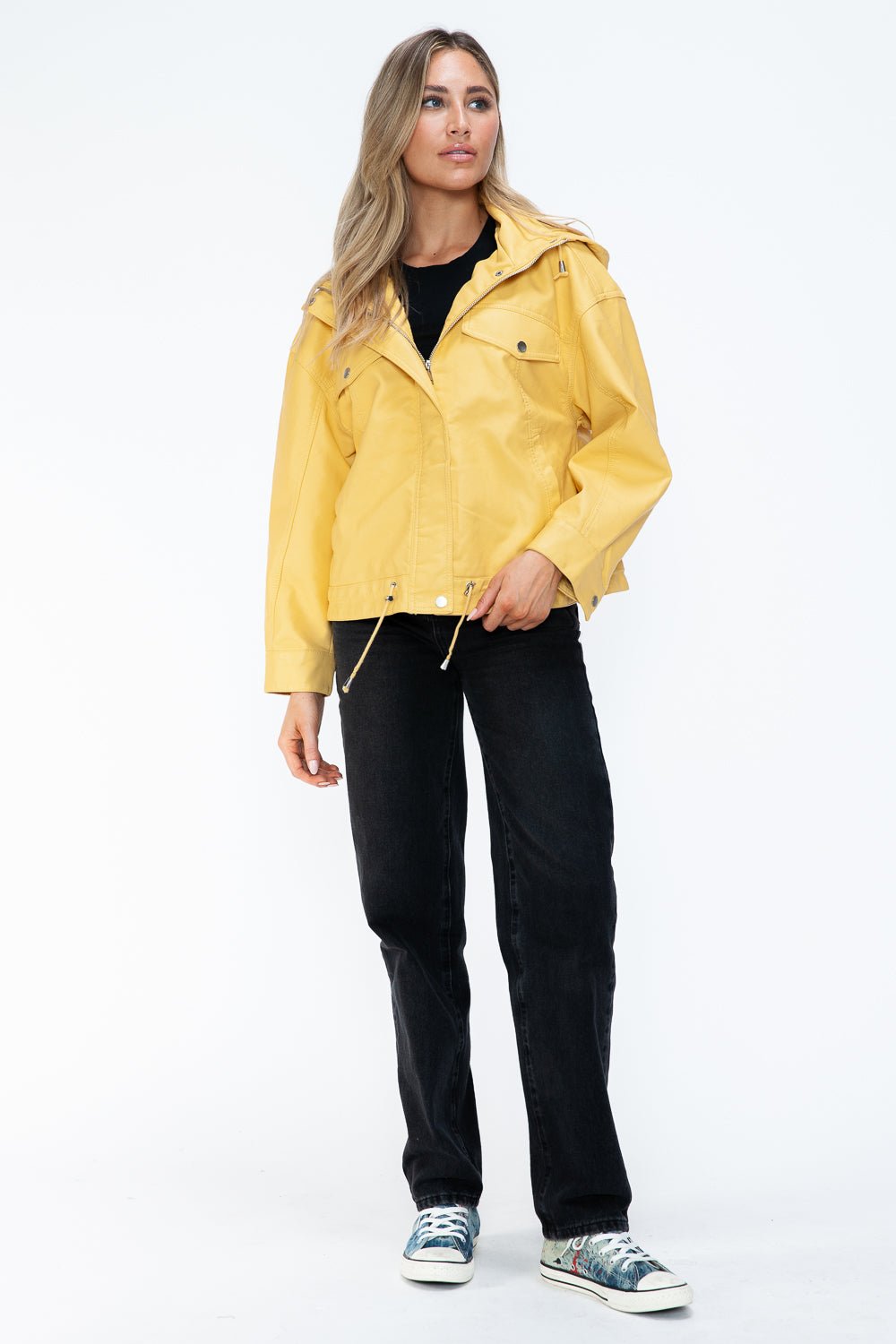 HOW DARE U - Pale Yellow Drawstring Hem Vegan Leather Jacket