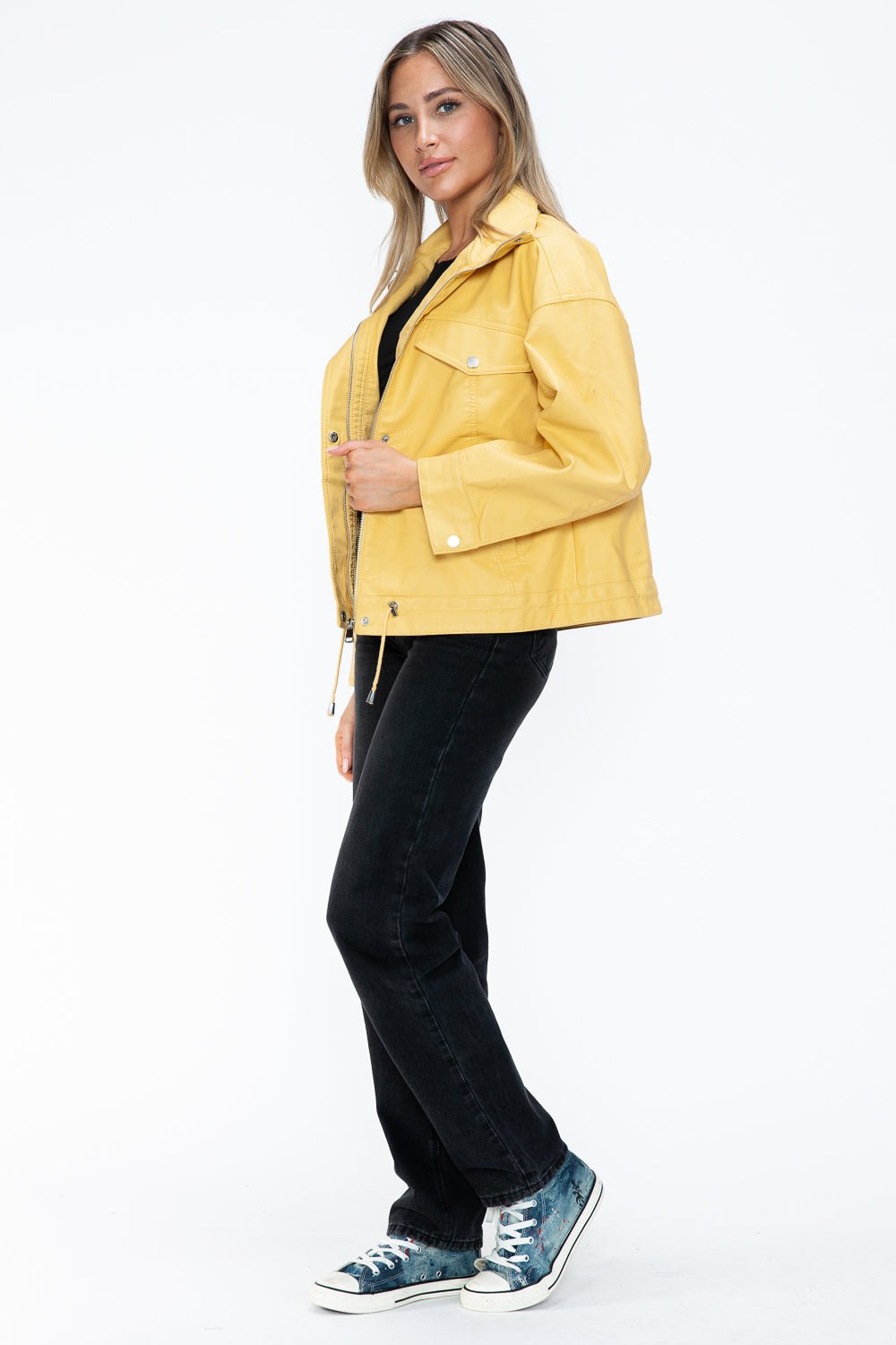 HOW DARE U - Pale Yellow Drawstring Hem Vegan Leather Jacket