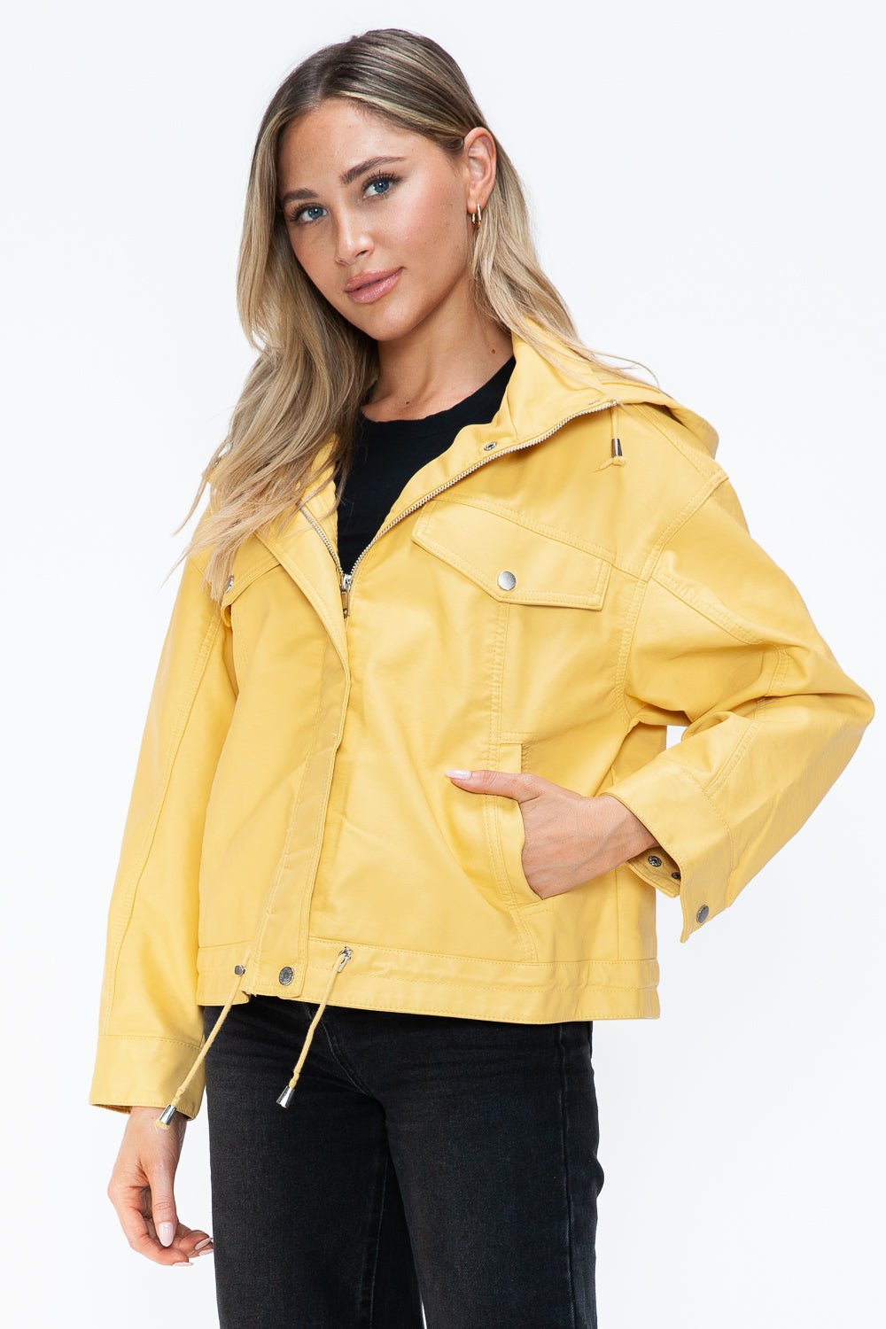 HOW DARE U - Pale Yellow Drawstring Hem Vegan Leather Jacket