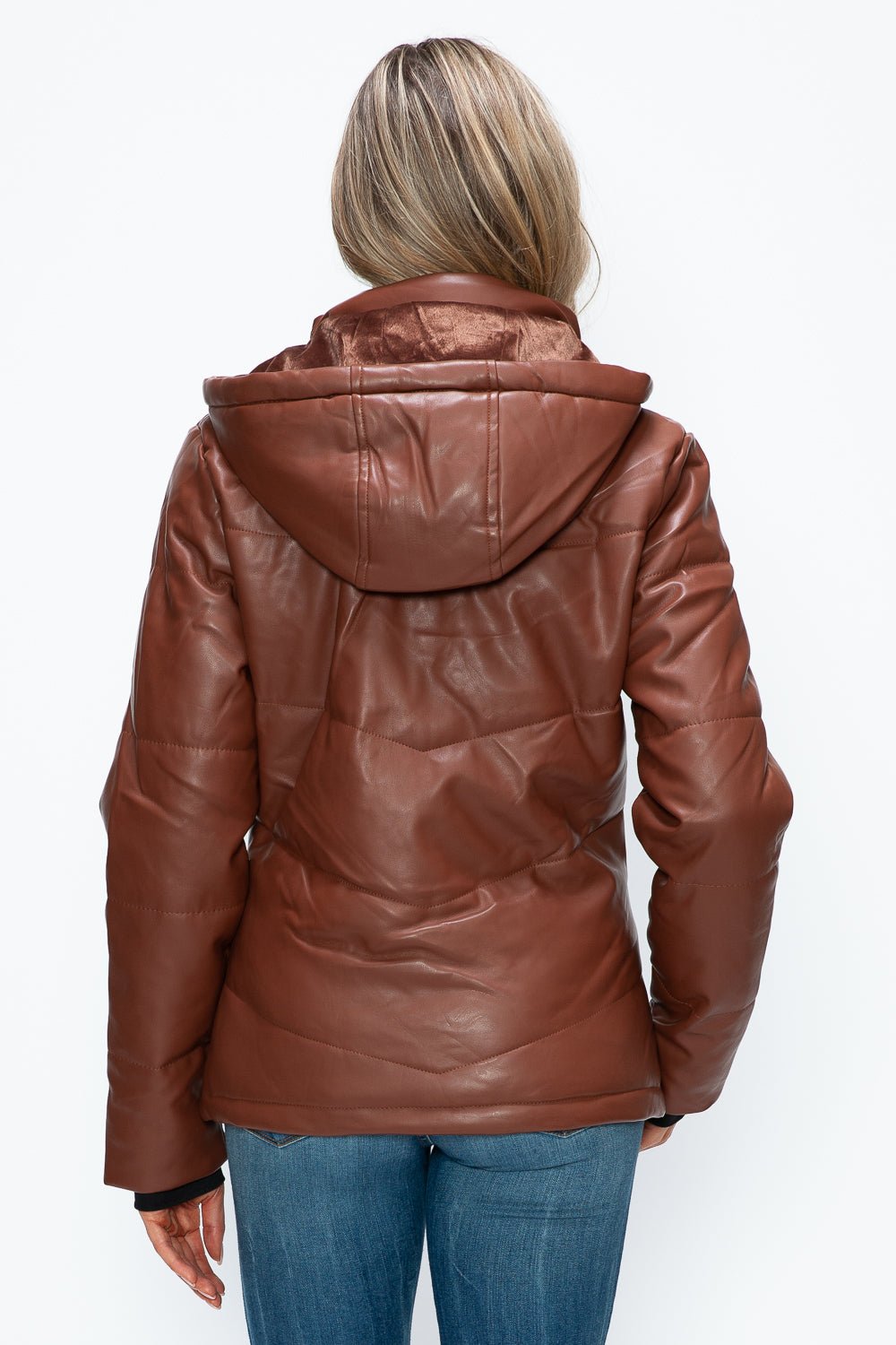 HOW DARE U - Vegan Leather Zip Up Puffer Jacket in Brandy