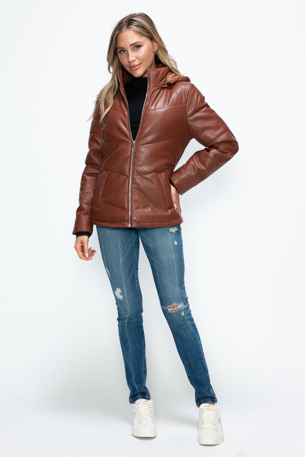 HOW DARE U - Vegan Leather Zip Up Puffer Jacket in Brandy