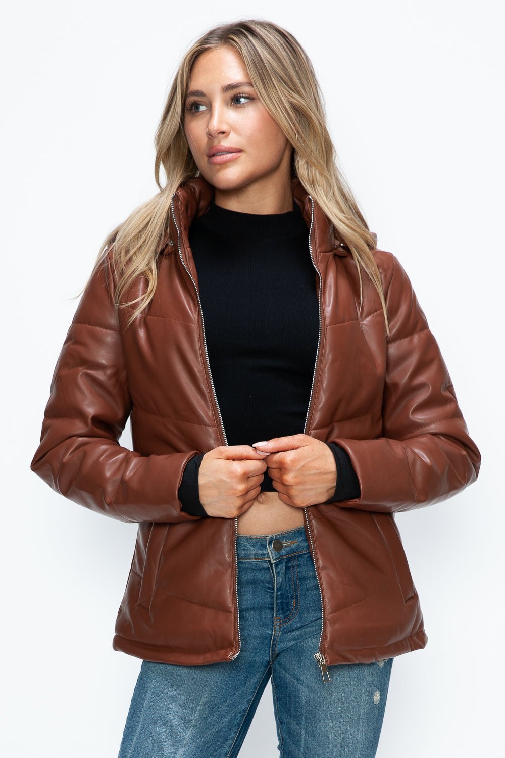 HOW DARE U - Vegan Leather Zip Up Puffer Jacket in Brandy