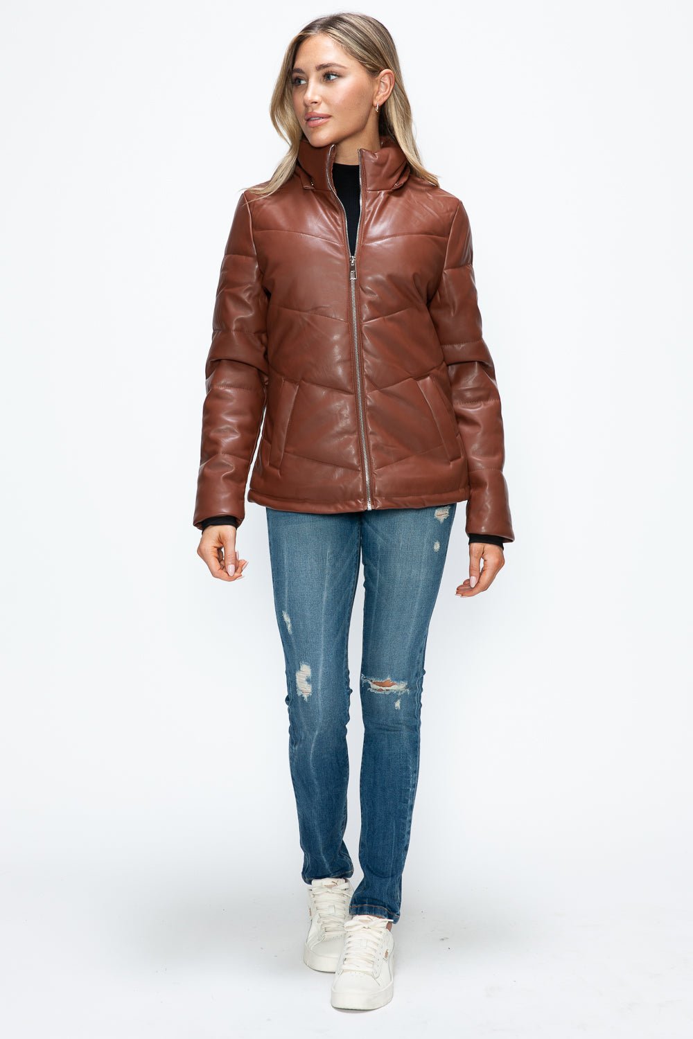 HOW DARE U - Vegan Leather Zip Up Puffer Jacket in Brandy