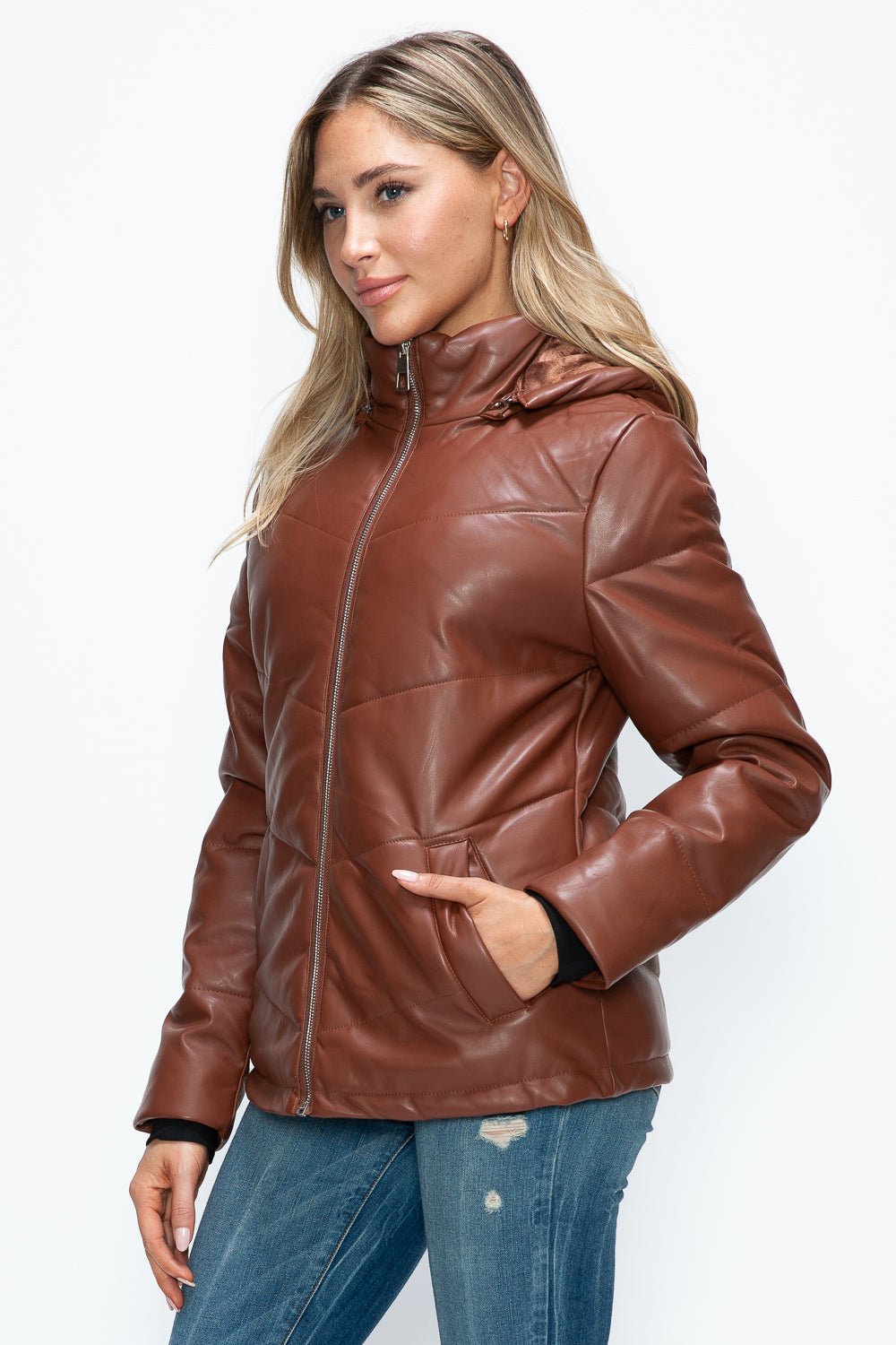 HOW DARE U - Vegan Leather Zip Up Puffer Jacket in Brandy