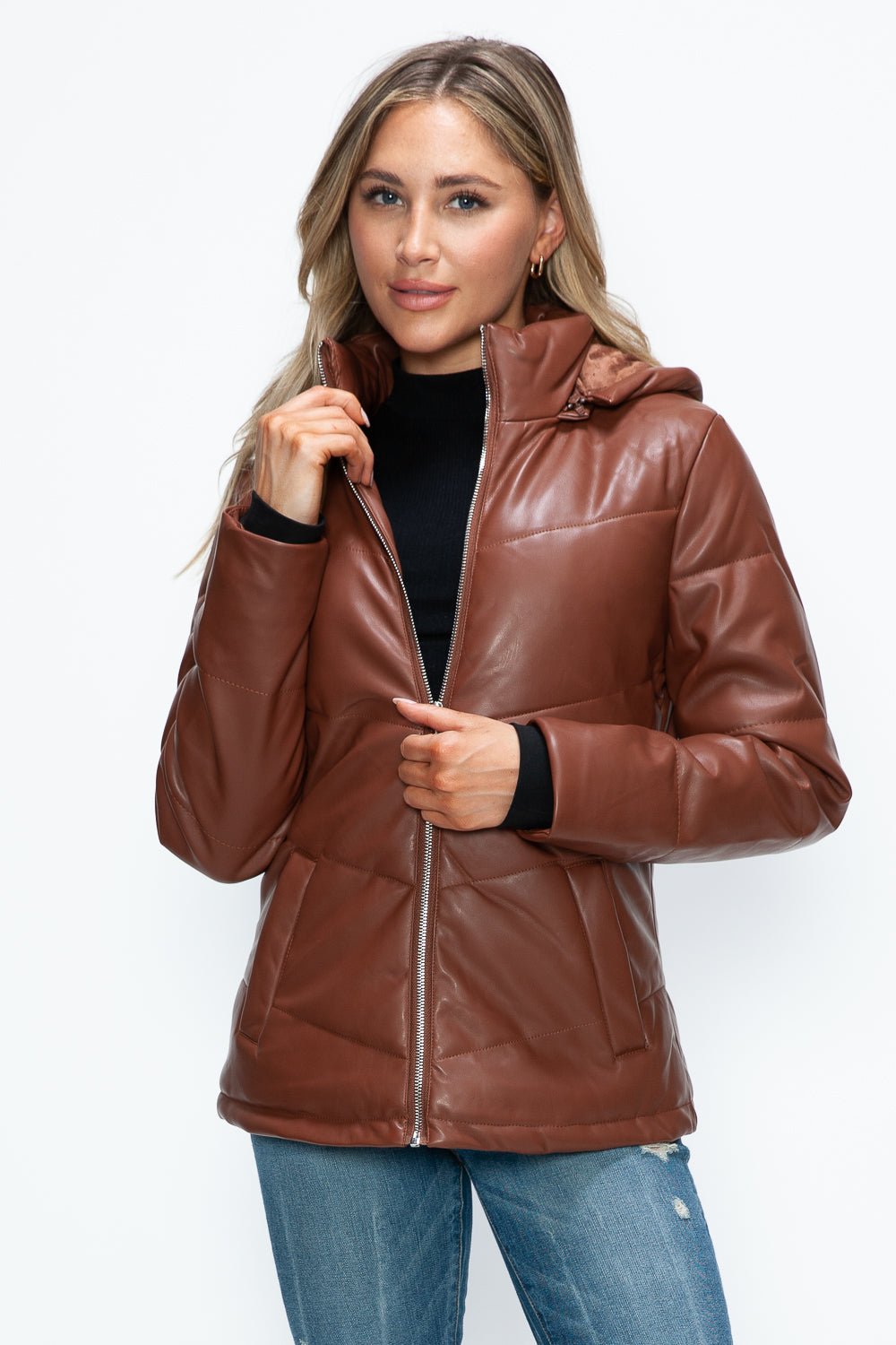 HOW DARE U - Vegan Leather Zip Up Puffer Jacket in Brandy