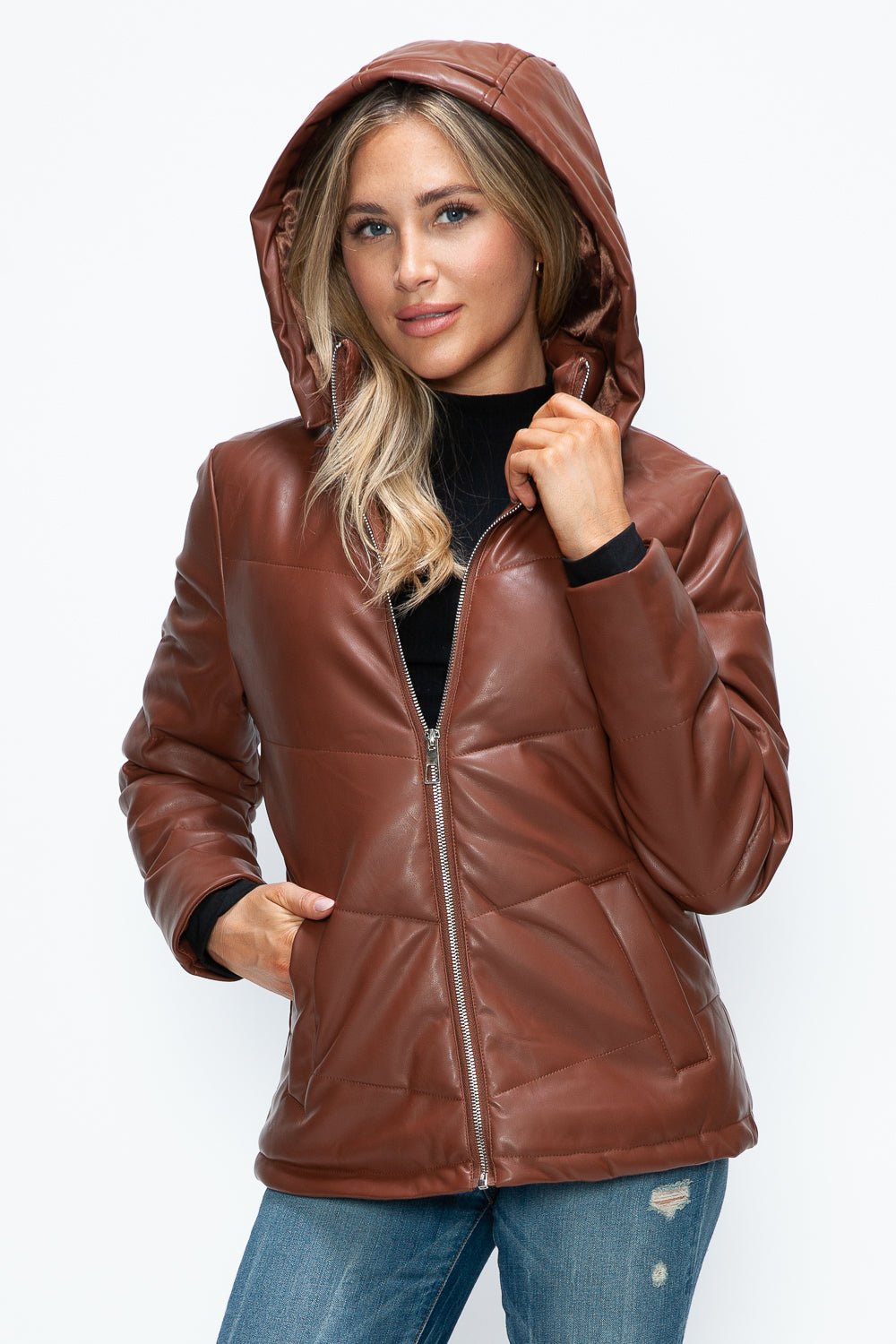 HOW DARE U - Vegan Leather Zip Up Puffer Jacket in Brandy